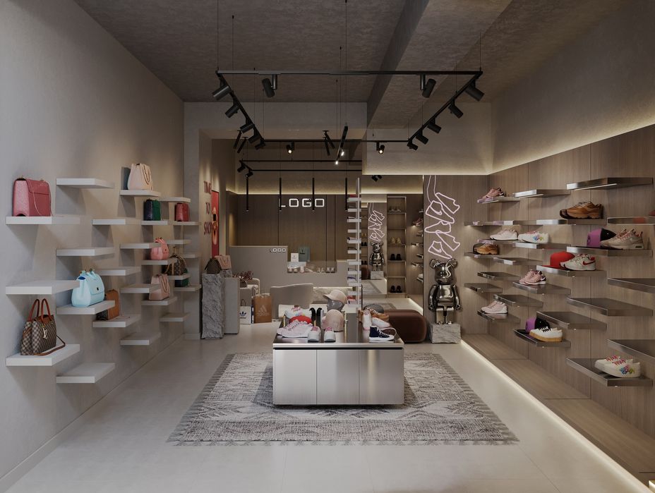 Дизайн интерьер магазин одежды  кроссовок минимализм