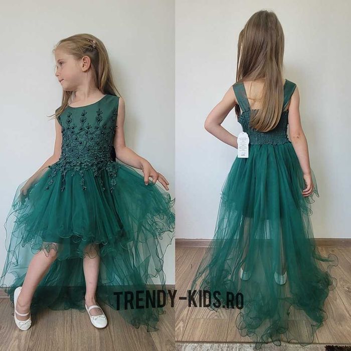 Rochie eleganta cu trena verde smarald, 9, 10, 11 si 12 ani