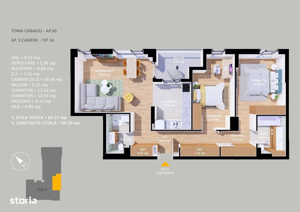 Apartament 3 camere cu terasa 54 mp tip penthouse Pipera OMV