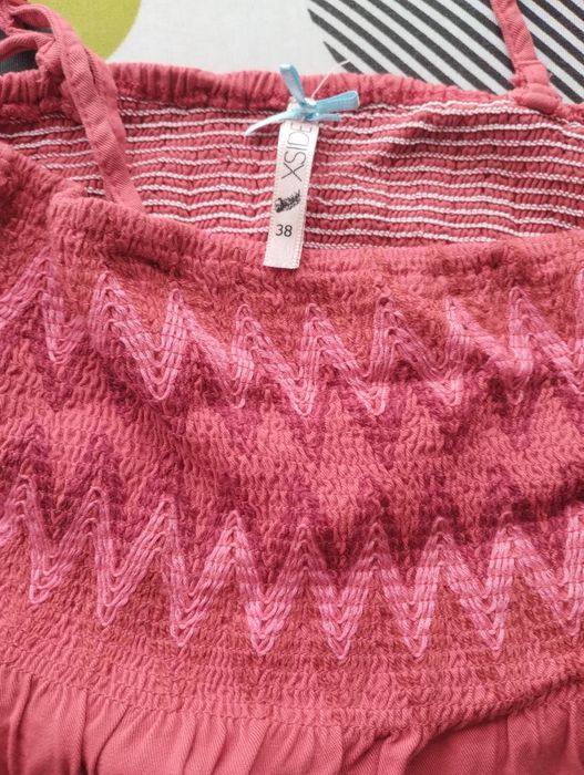 Salopeta vara rosu cărămiziu Xside,bust încrețit cu elastic,pantalon cu croiala larga