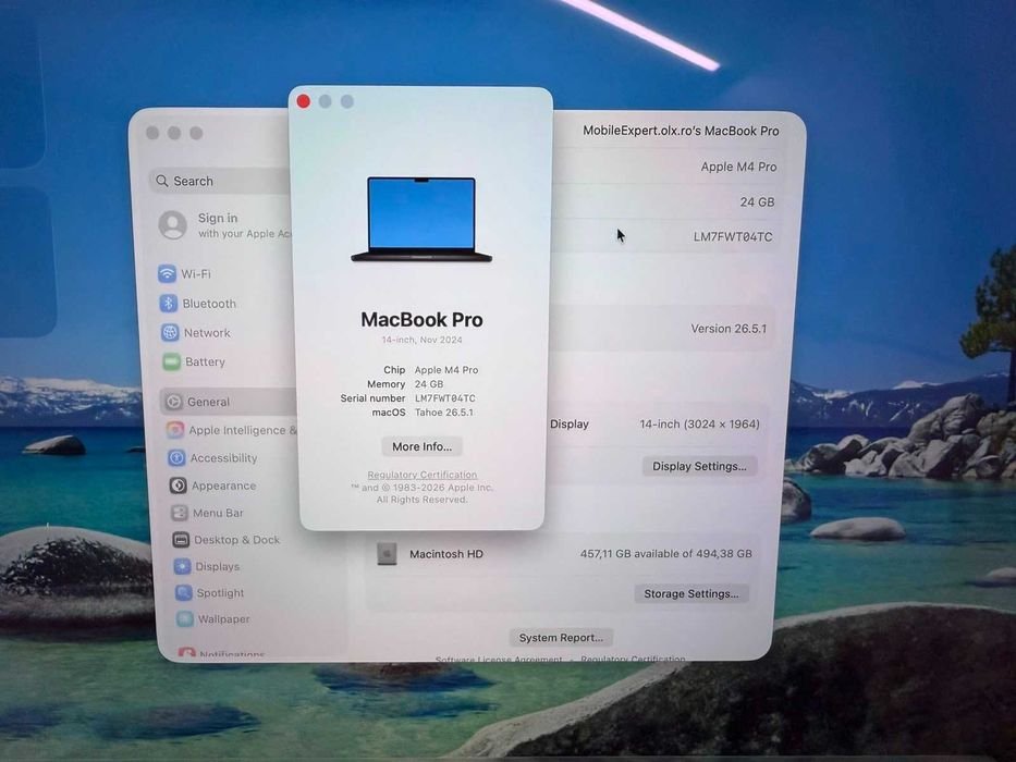 MacBook Pro 14 M4 Pro 24GB 512GB Space Black 100% Baterie Garantie * Doar 23 cicluri de încărcare