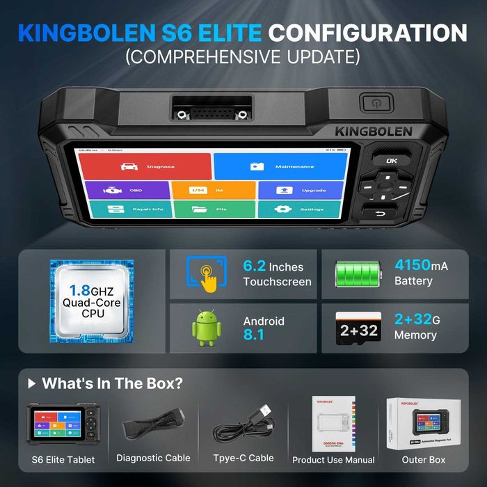 Tester auto KINGBOLEN S6 Elite 2025, tableta Android, diagnoza toate modulele, functii service 15+, AutoVIN 110+ marci, update gratuit pe viata