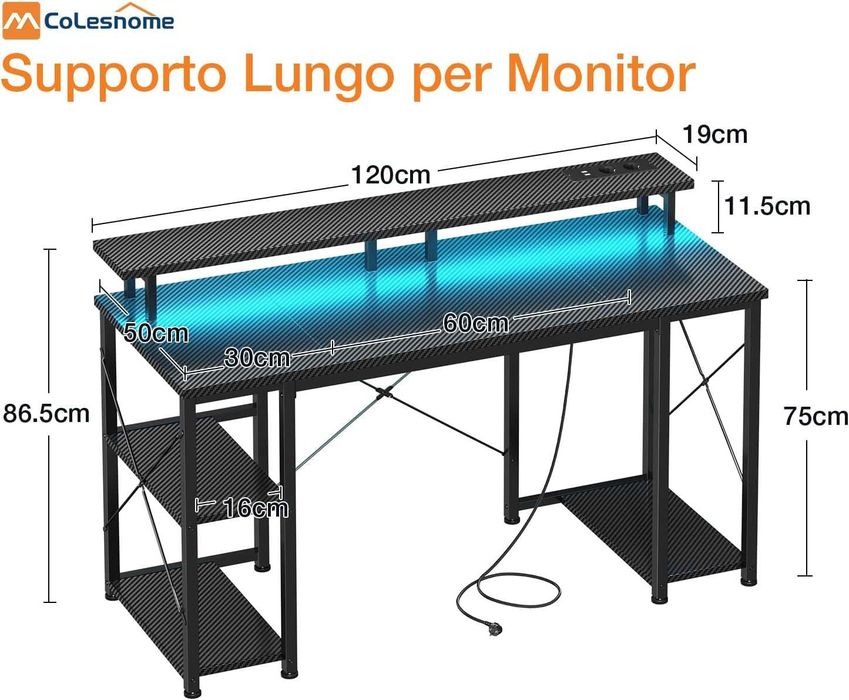 Birou Gaming Coleshome 120x50 cm, LED, prize + USB, suport monitor, Negru