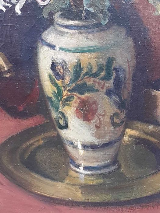 Tablou mare si vechi - natura statica cu samovar - semnat E Muller