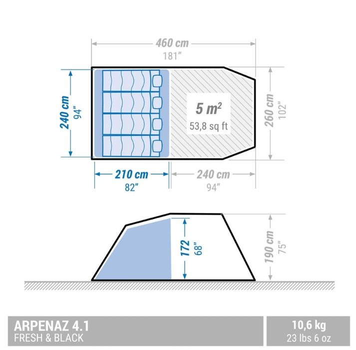 Set Complet Camping Quechua: Cort Fresh&Black 4.1, Pavilion 10 pers, Adăpost-umbrar, Cort Duș/Toaletă, Masă + Accesorii