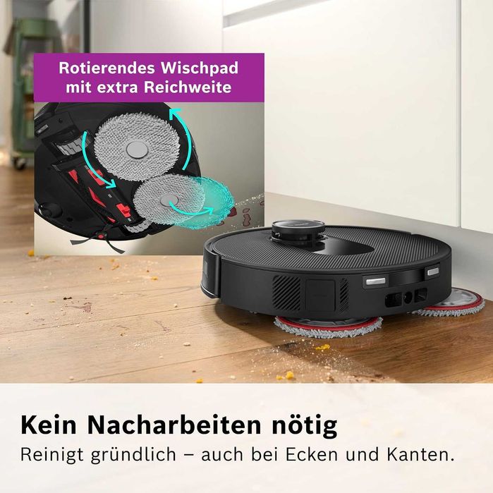 Прахосмукачка робот Bosch Spotless Max BCRDW3B с функция за избърсване, всмукателна мощност 11 000 Pa, моп, станция за мокро и сухо почистване