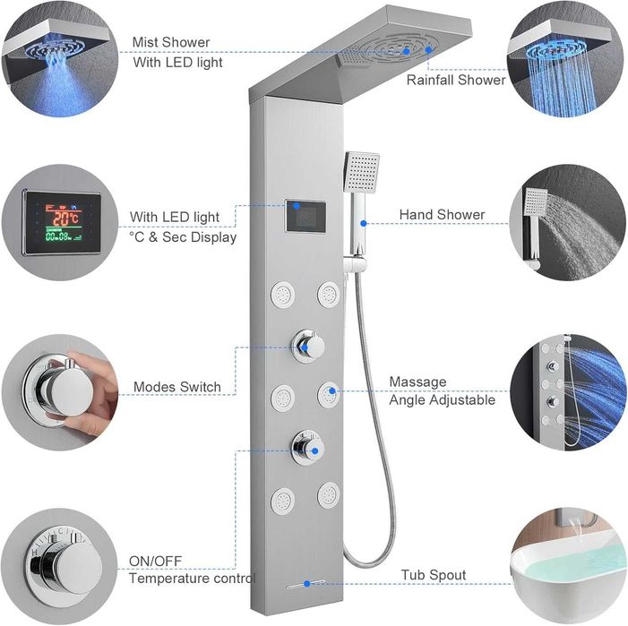 Panou de dus LED fara baterii, 5 in 1, cu afisaj pentru temperatura