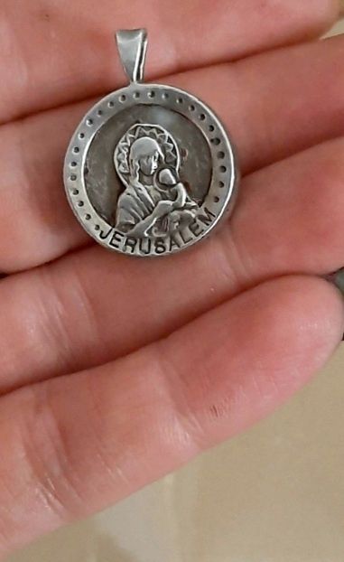 Iconita vintage argint cu pamant sfant Ierusalim bratara lemn maslin