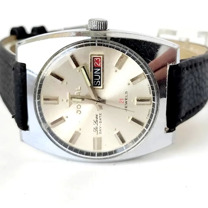 VINTAGE JOVIAL DE LUXE DAY-DATE 21 j. Мъжки механичен часовник с ръчно навиване, работещ, с нова кожена каишка.