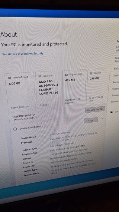 Desktop PC HP EliteDesk 705 G4 SFF AMD A6-9500 3.5 ghz , 8gb RAM DDR 4 , SSD NVMe 256 gb