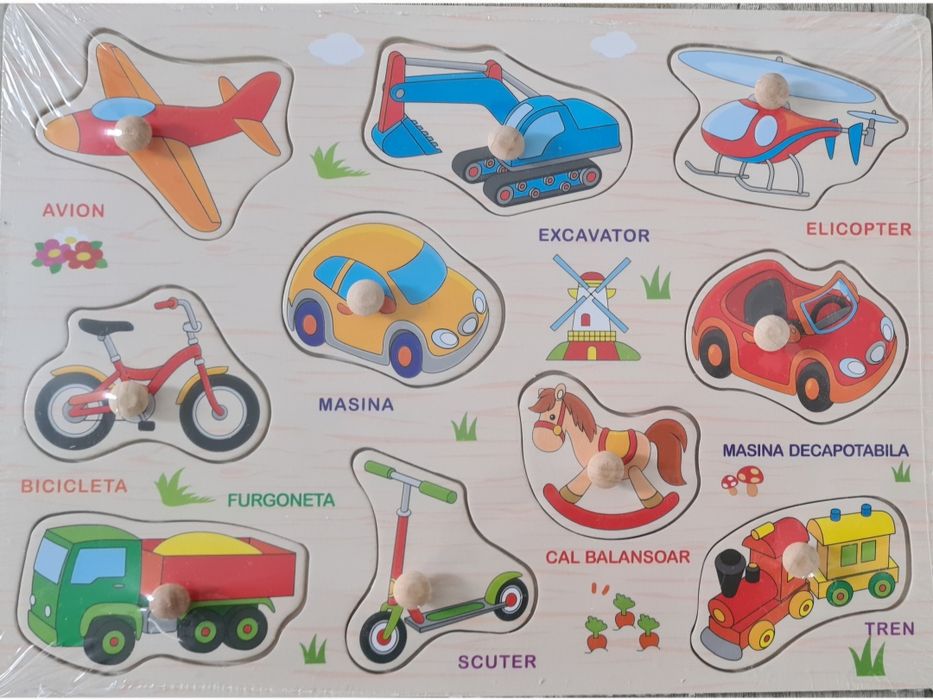 Lot de jucarii educative din lemn. Busy board, puzzle incastru, legume