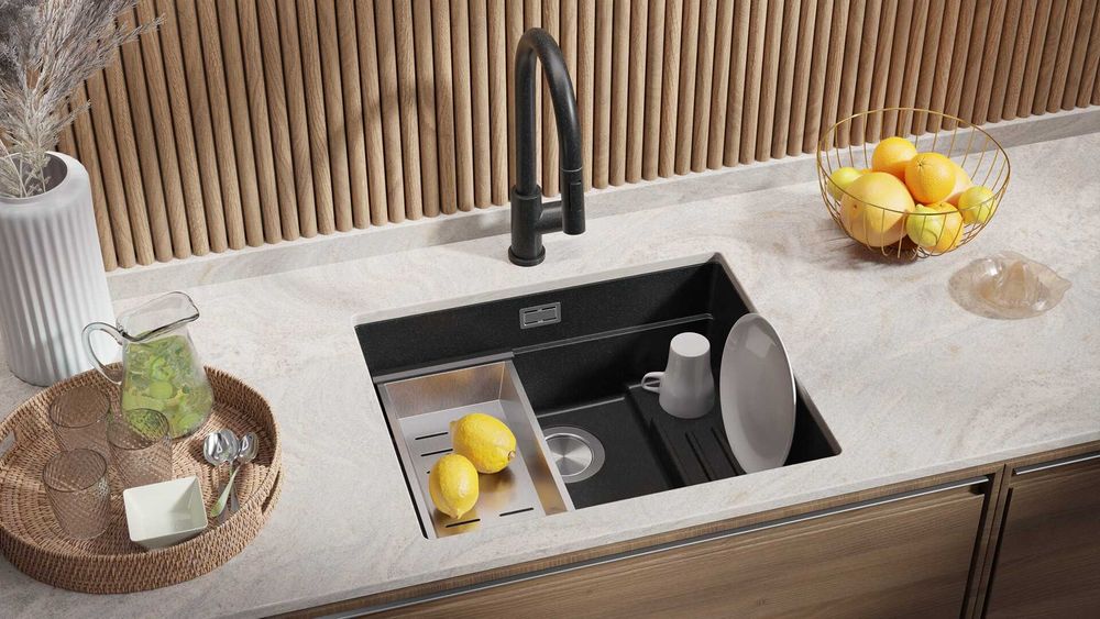 Графит гранитна мивка за вграждне под плот Прага 60 Level 560 x 470 мм