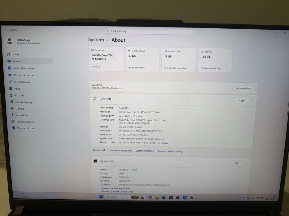 ASUS ROG Strix G18, i9-14900HX, 32GB Ram, RTX4080, 2TB SSD