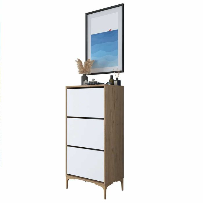 Шкаф за обувки Puzzle-home 2814, ПДЧ, Орех & Бяло