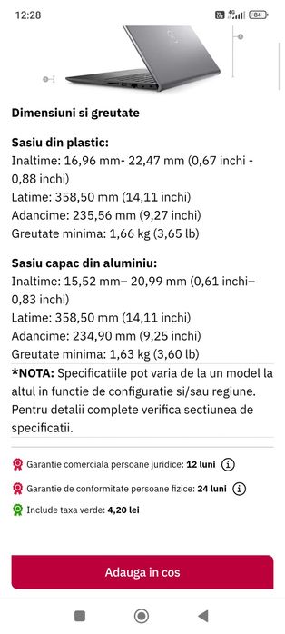 Laptop DELL Vostro 3520, Intel Core i5-1235U pana la 4.4 GHz, 15.6"