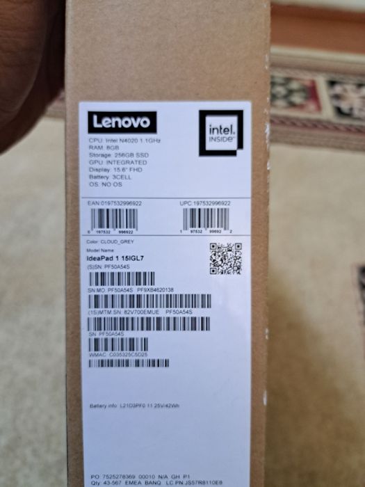Ноутбук Lenovo IdeaPad 1 15IGL7.
Оперативка 8Gb.
SSD 256Gb.
Процессор