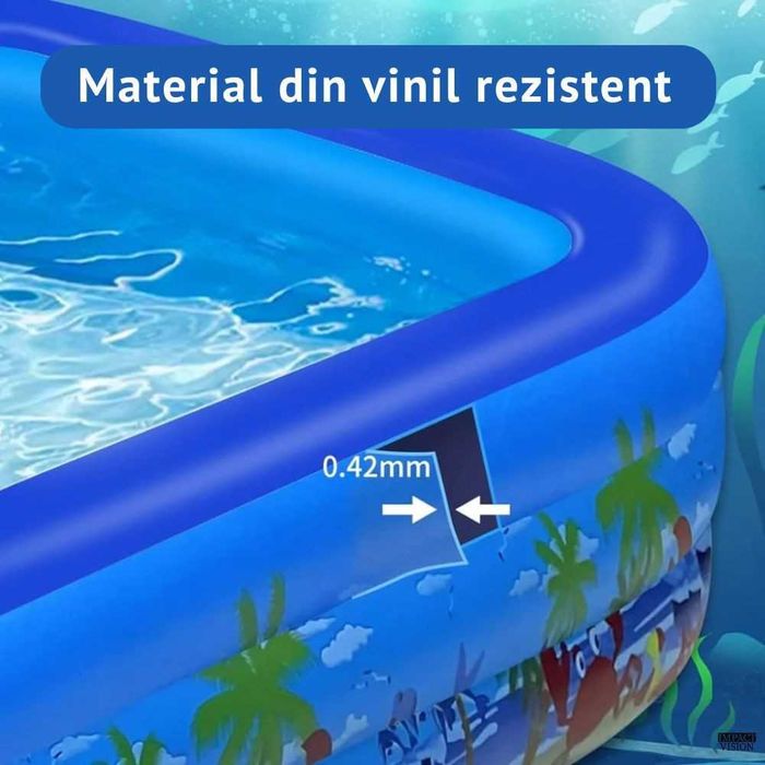 Piscina Gonflabila pentru copii, Multicolora, Dreptunghiulara, Baza moale si doua inele gonflabile, Dimensiuni 115 x 82 x 33 cm, Vinil rezistent