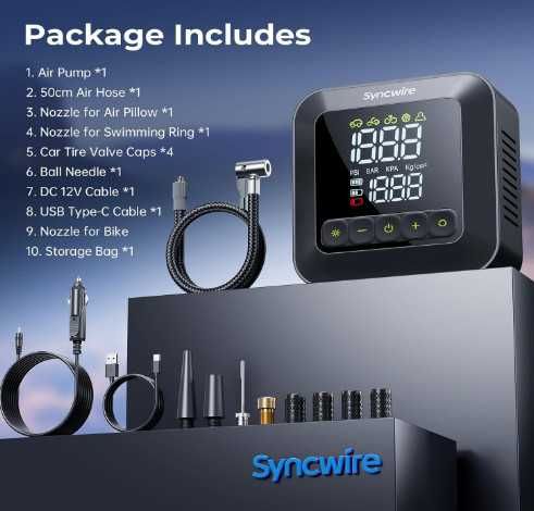 Преносима помпа за гуми Syncwire, 150 PSI за автомобилни гуми