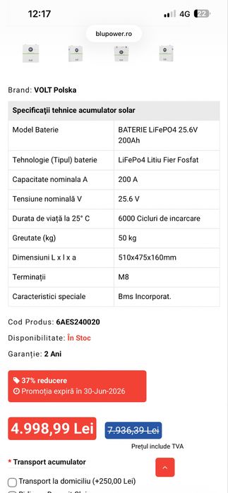 Acumulator solar premium VOLT POLSKA ULTRA-5 26.6V 200Ah