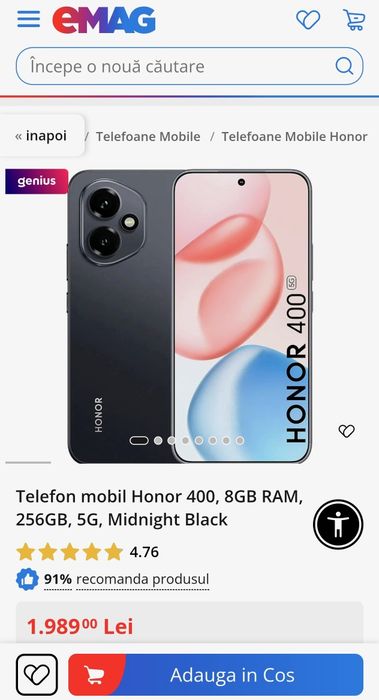 HONOR 400 5G Midnight Black 8/256 GB impecabil !