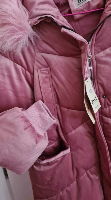 Дамско Дълго Зимно Яке Кадифе, Розово, с изкуствена козина топло, вата