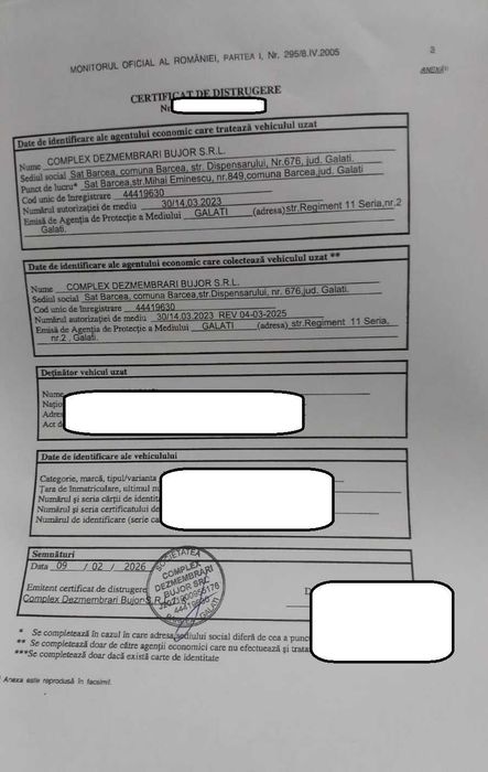 Tichet Rabla auto - certificat de distrugere(plus actele necesare)