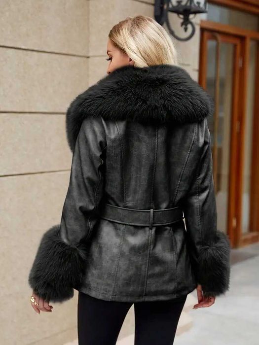 Елегантно дамско яке от изкуствена кожа с яка