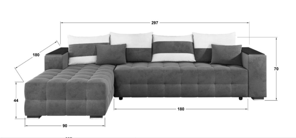 Разтегателен ъглов диван с подлакътник етажерка , сив , ляв