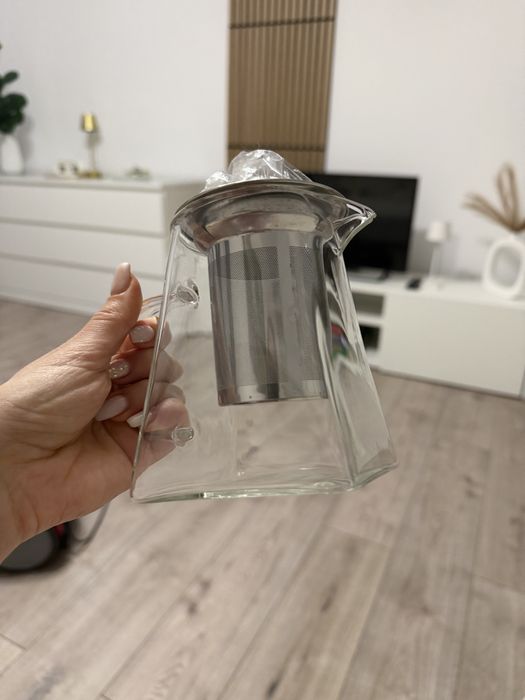 Infuzor de ceai/cafea din metal si sticla termorezistenta model patrat