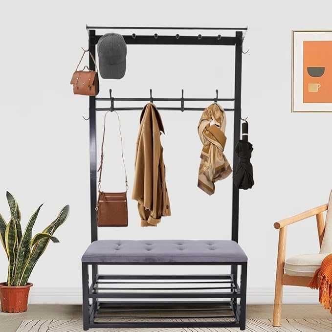 Намалено! Портмантo с пейка, гардероб с 10 куки, метална рамка, антре,