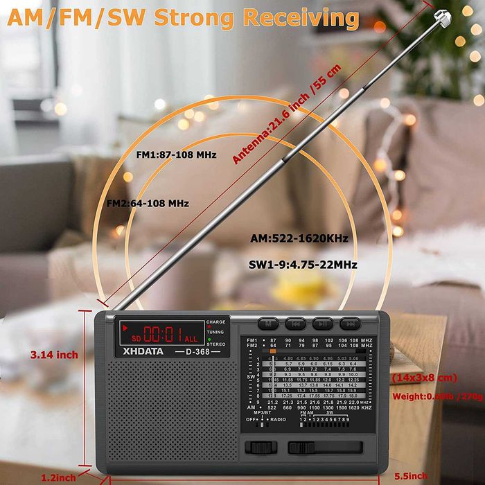 XHDATA D368 Portable Transistor Radio FM,AM(MW),SW,Bluetooth USB TF плейър