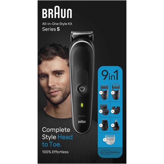 Aparat de tuns multifunctional Braun MGK5420, Wet&Dry, 9-in-1, 2 piepteni ficsi, 4 piepteni, 1 mini aparat de ras, autonomie 100 minute, Saculet