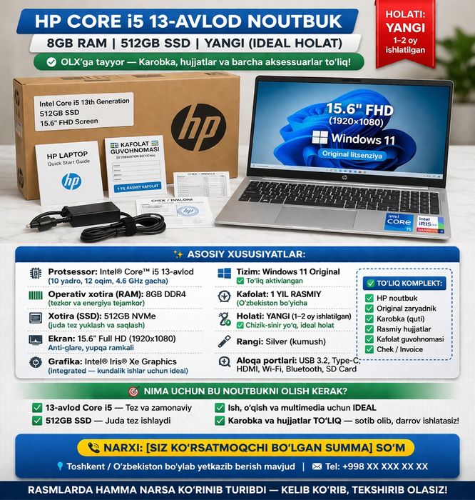 Hp Core i5 13 Avlod compyuteri sotiladi yangi holatda