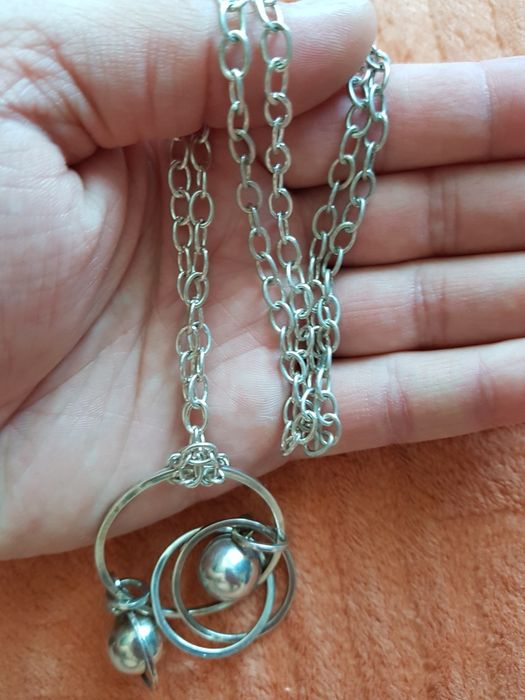 Lant colier argint 925 Italy,pandantiv cerc si bile mari,74 cm,deosebi