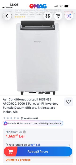 Aer Conditionat portabil HISENSE APC09QC, 9000 BTU, A, Wi-Fi, Inverter, Functie Dezumidificare, kit instalare inclus, Alb
