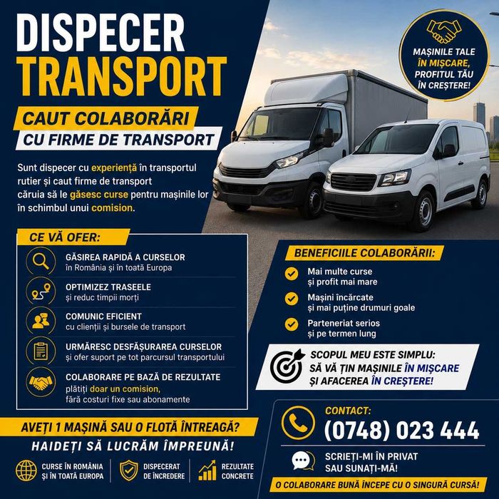 Dispecer transport cu experiență – Caut colaborări cu firme de transport 3.5 t- 2.5t