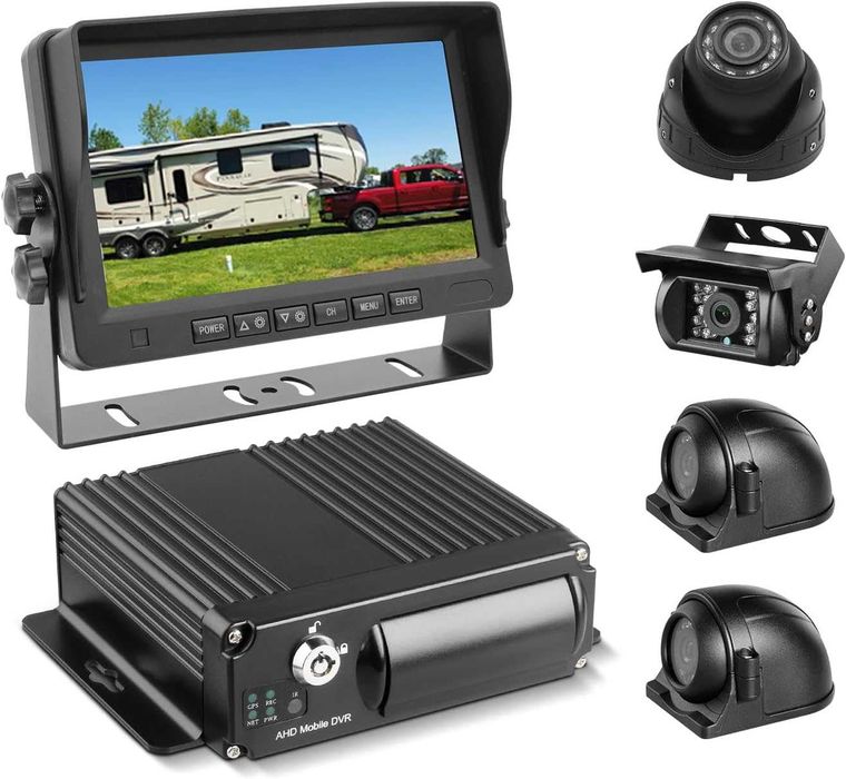 4-канален 1080P H.265 автомобилен мобилен DVR, 7-инчов VGA монитор