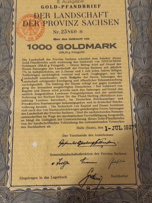 Obligațiune istorică aur Germania 1927-1000 Goldmark