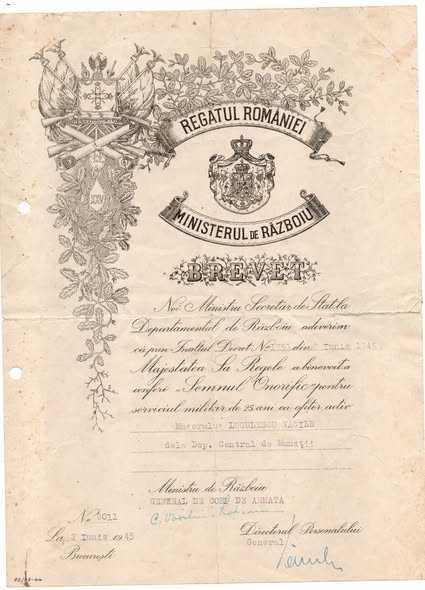 Brevet de razboi Iunie 1945 Semnul onorific pentru serviciul militar de 25 ani ofiter activ
