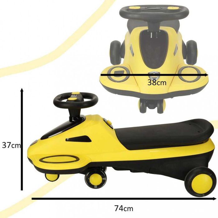 PlasmaCar fara pedale Yellow cu efecte sonore si luminoase LED 74 cm, sarcina maxima admisa 100 kg, pentru copii intre 3-6 ani