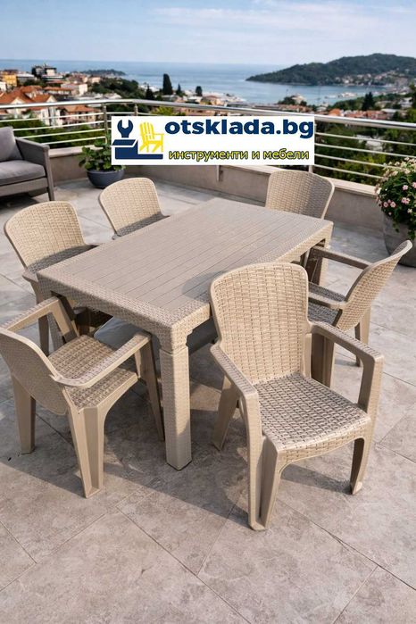 Комплект маса + 6 стола или 4 стола ратан 3 цвята и размери маси мод.1