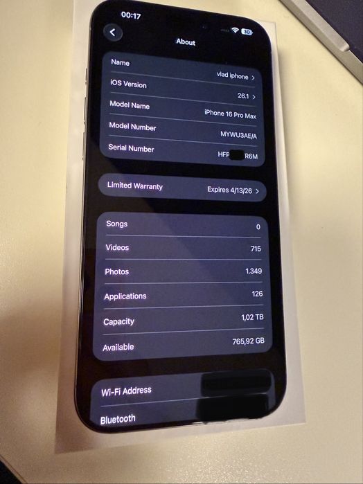 iPhone 16 Pro Max 1TB Natural Titanium- ca nou, garantie Apple 04.2026