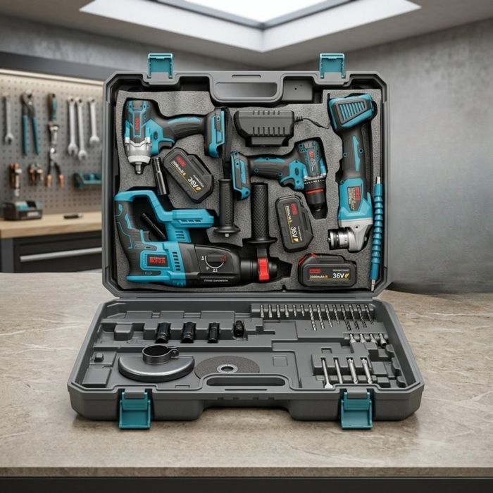 Комплект акумулаторни инструменти BOXER BX-187 – 4в1 + 3x5Ah батерии – Перфоратор, ударна отвертка, ъглошлайф и бормашина