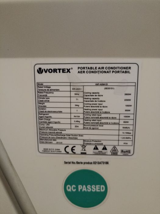 Aparat de aer condiționat portabil Vortex model VAP-A09A1D

Funcționea