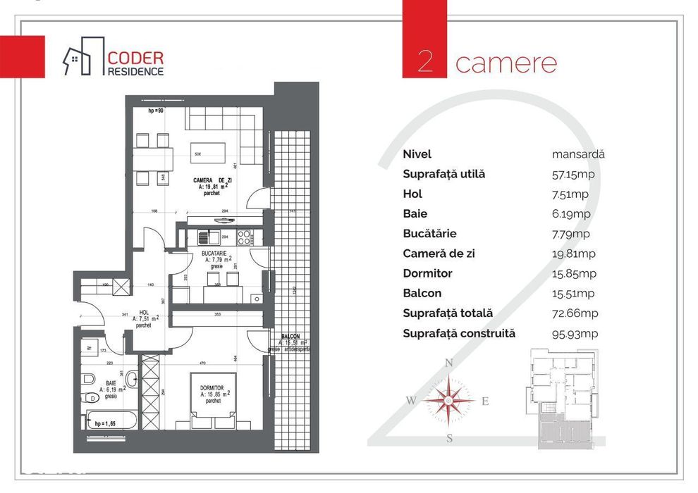 Penthouse 2 camere terasa 17 m2 Coder Residence 3