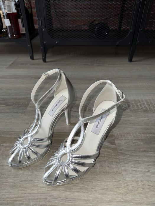 Sandale cu toc, piele naturala argintie, Veronesse, 36