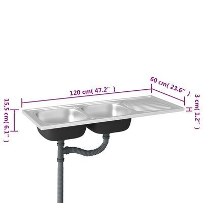 Кухненска мивка с две корита 120×50 см стомана за монтаж върху шкаф
