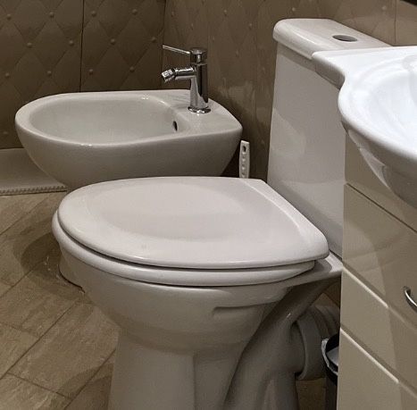 Унитаз, биде, раковина со шкафом, зеркало.