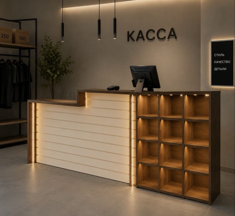 Кассовые зоны, ресепшен, шкафы полки