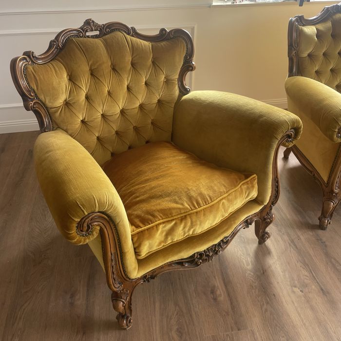 Vand set canapea cu doua fotolii stil baroc din lemn masiv sculptat